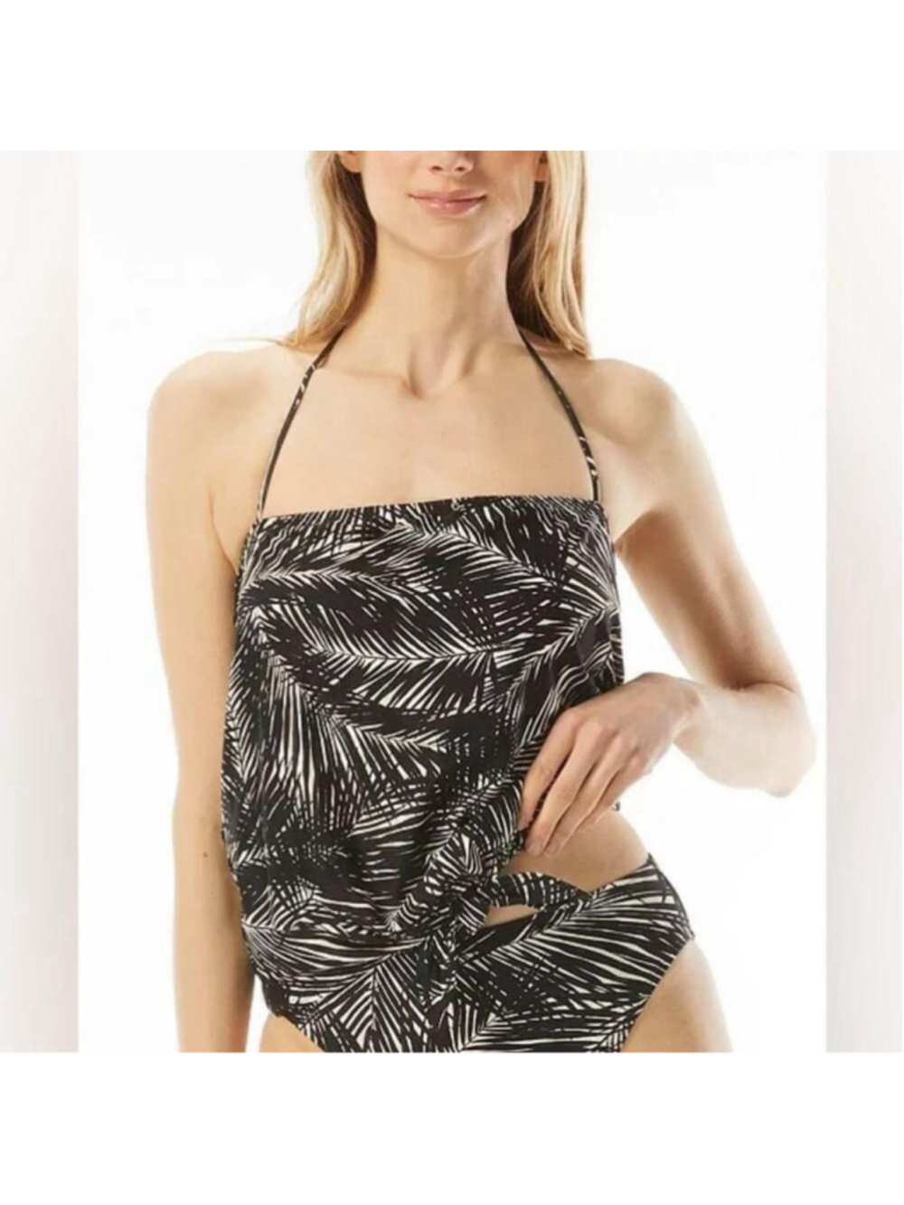 Michael Kors tankini set swim Tie-Hem tropical print top solid black bottoms M